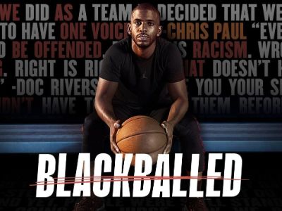 The poster shows the man sitting, holding a basketball with Blackballed text written below him.